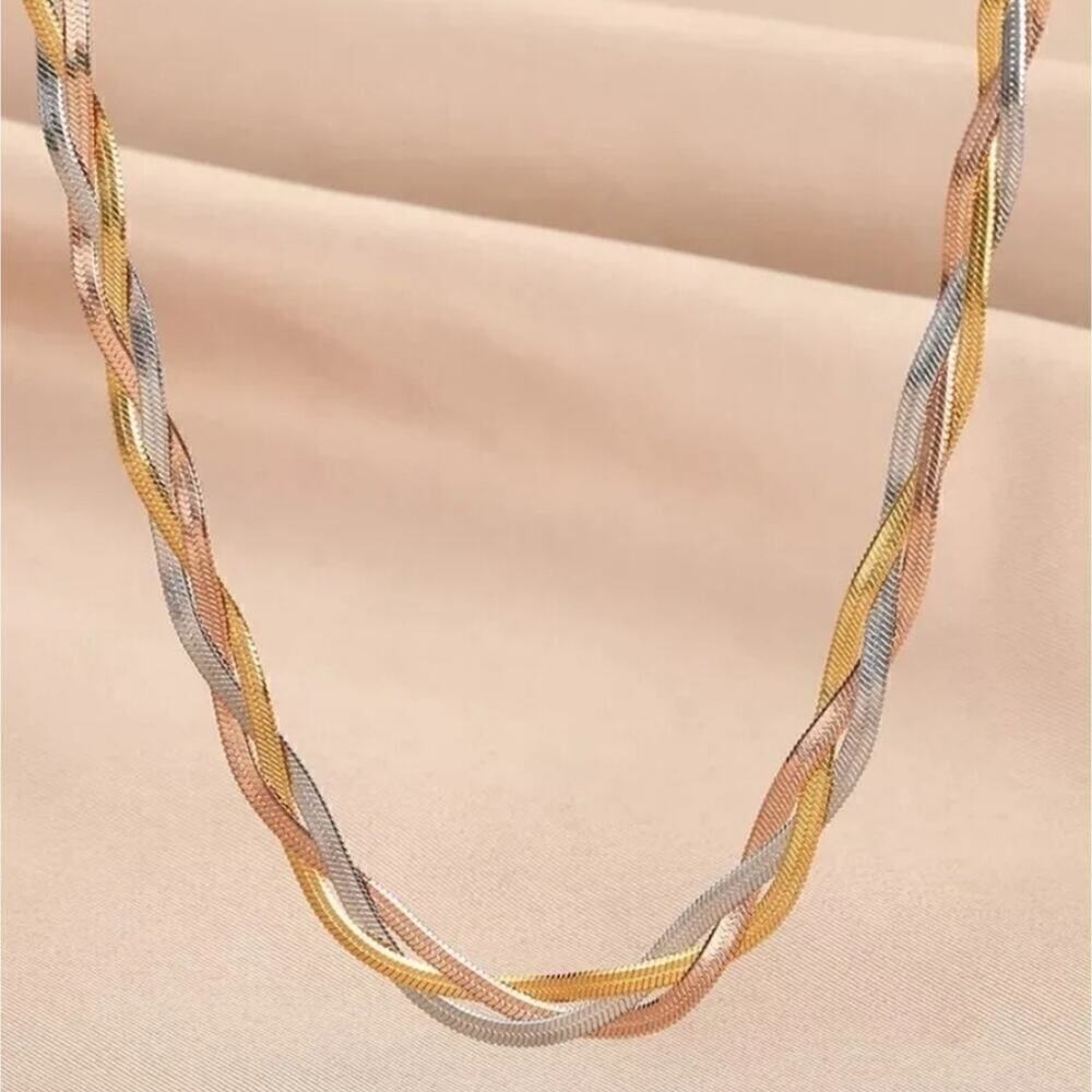 Stainless Steel Necklace Herringbone braided Tri-Colour Flat snake Chain 2 Pcs. - Picture 8 of 15